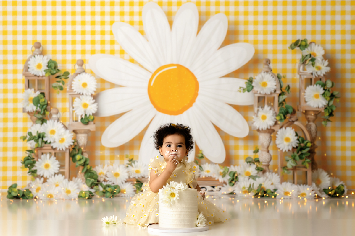 cake smash, photography, yellow, daisy, cake, first birthday, portraits